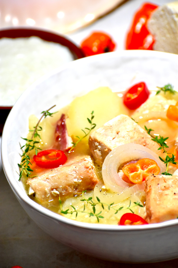 side view of a bowl of boiled fish